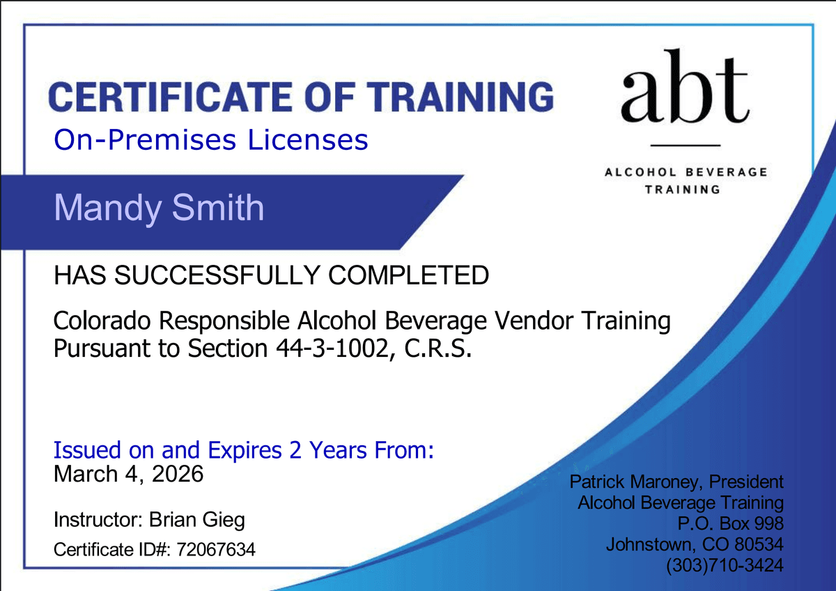 Colorado Responsible Alcohol Beverage Vendor Training Certificate - Mandy Smith